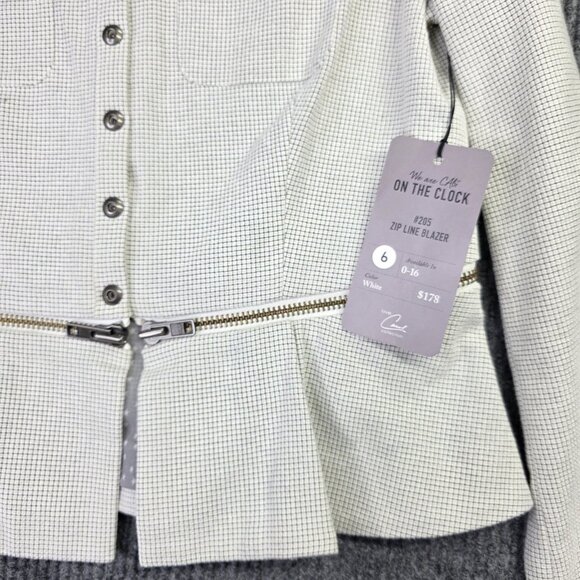 CAbi Carol Anderson Blazer Womens 6 White Black Check Zip Line Peplum Jacket - Picture 4 of 14